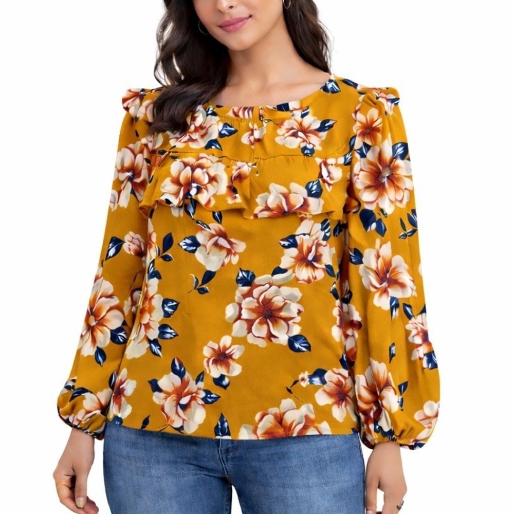 W5 Mustard Floral Blouse Size Medium Long Sleeve Lightweight Top